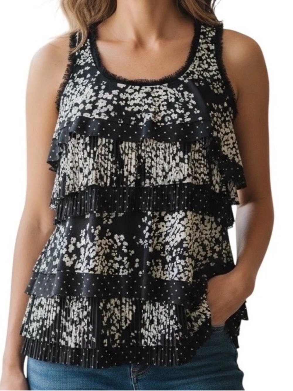 White House Black Market Black & White Tiered Ruffle Tank